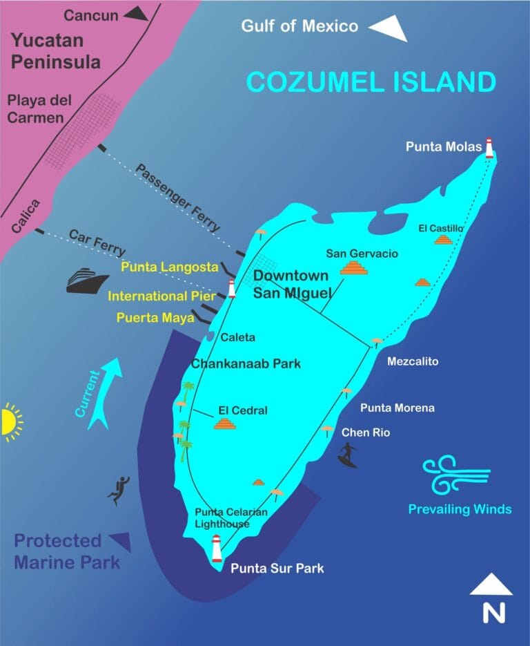 Map of Cozumel showing the ferry and the main attractions